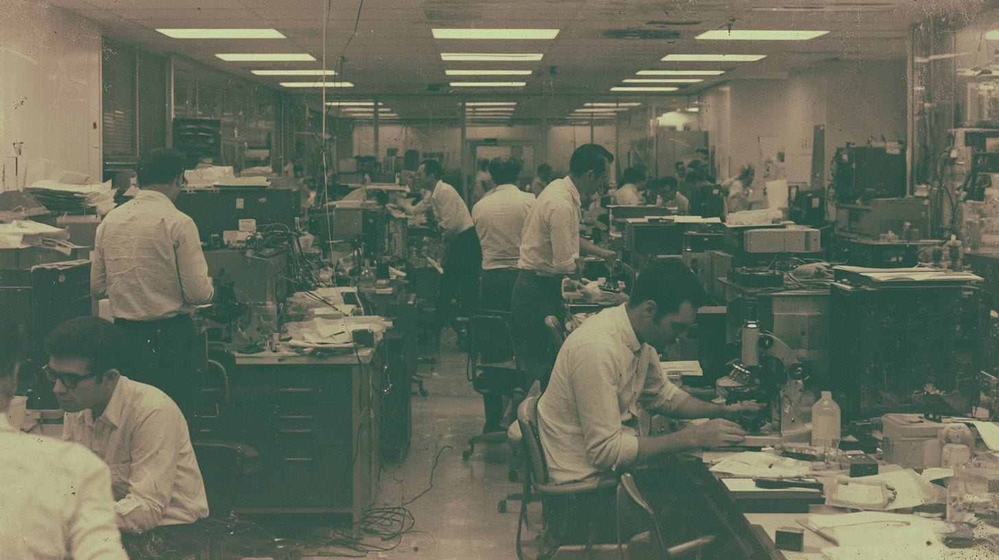 A mid-century laboratory floor: men in white shirts at crowded benches, instruments and paper everywhere