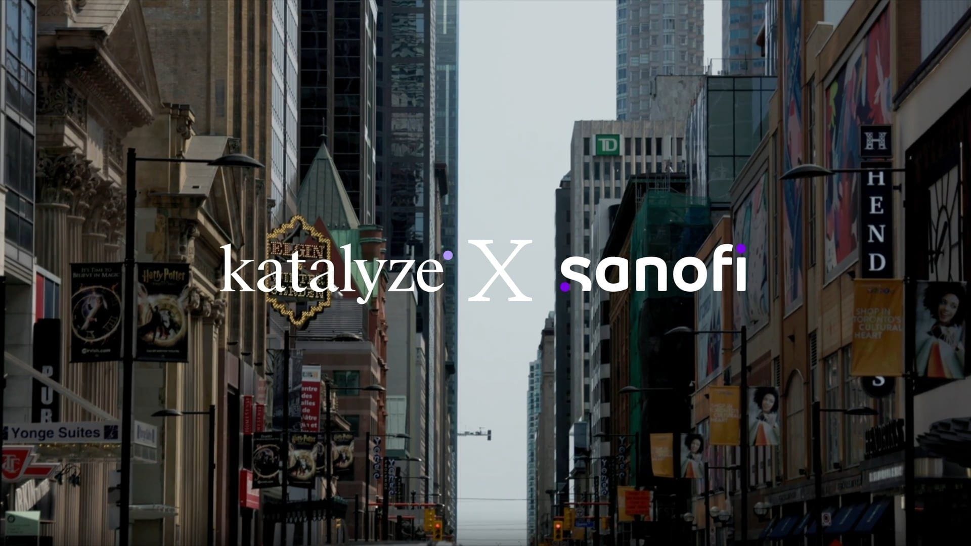 The film's title card: katalyze X sanofi over a city street