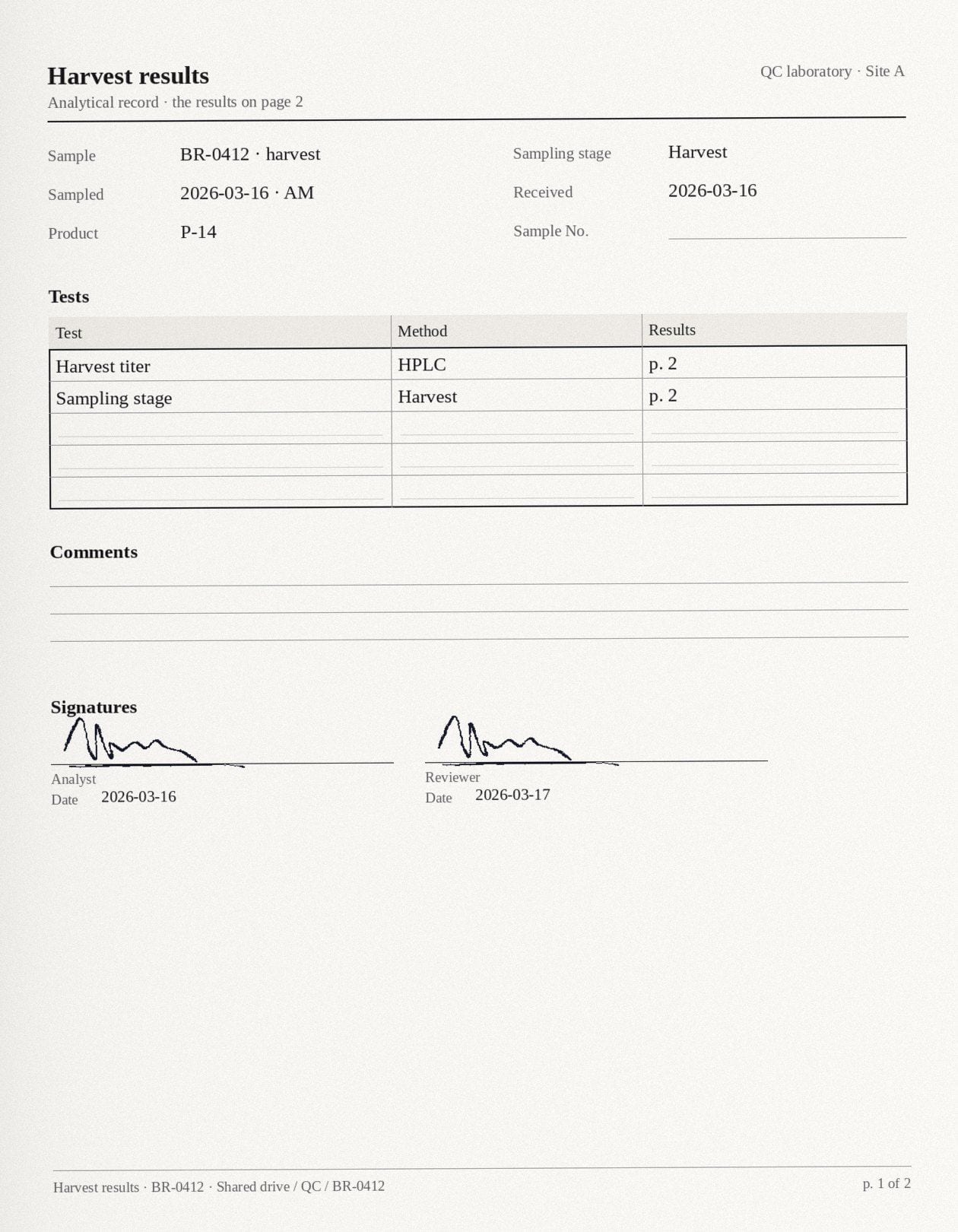 The harvest results for batch BR-0412, a scanned cover sheet: the sample block, the tests with their methods and the page their results are on, the analyst's and the reviewer's signatures