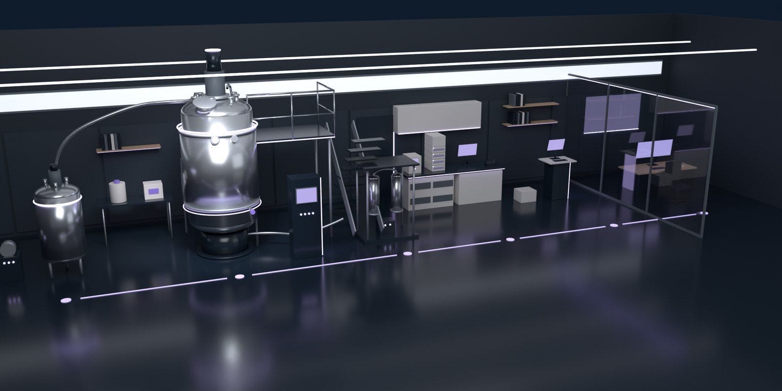 The suite at Site A: a 2000 L production bioreactor lit among its stations, a thread of light along the floor