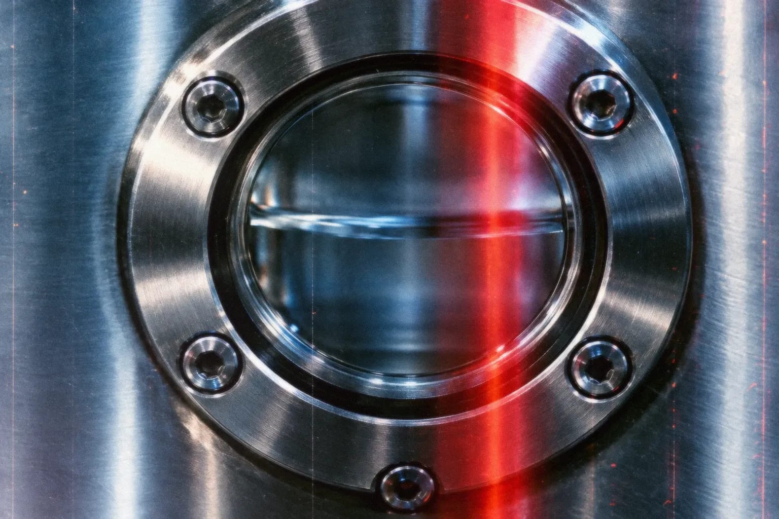 A stainless sight glass on a vessel, lit by red light