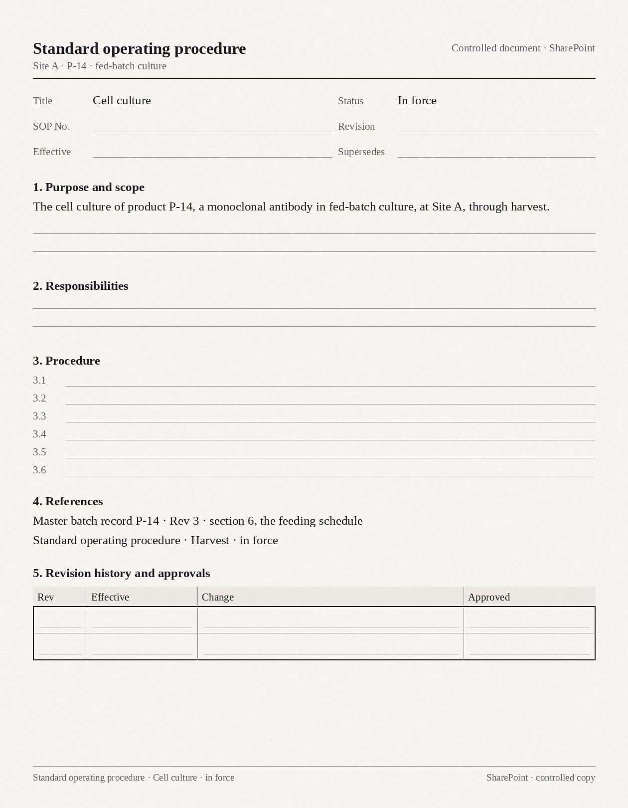 The cell culture standard operating procedure as a controlled document: the header with its title and status, purpose and scope, the numbered procedure, the references, the revision history and approvals