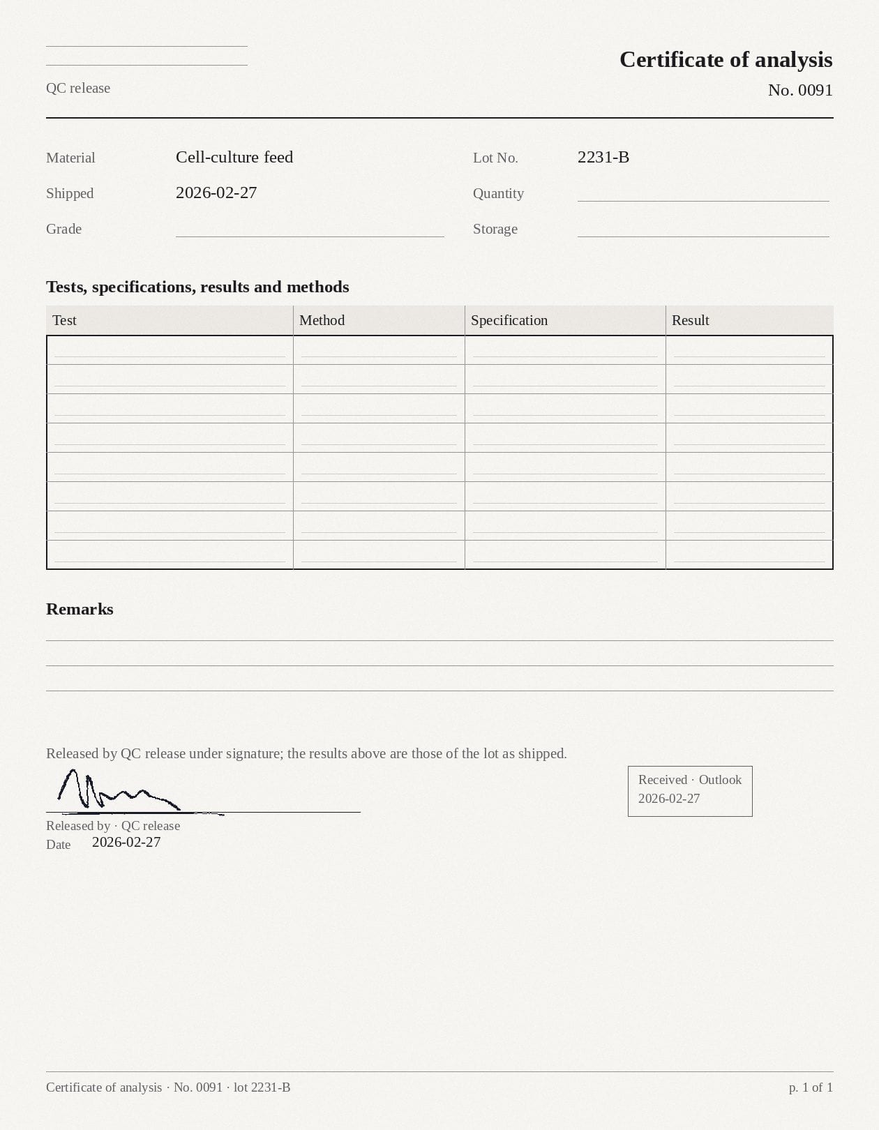 Certificate of analysis 0091 for feed lot 2231-B, the supplier's PDF: the material and the lot, the tests table, the release signature