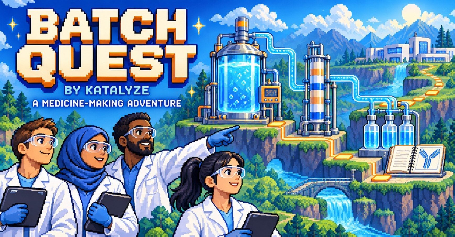 Batch Quest's title art: four scientists in lab coats look out over a pixel-art valley where a bioreactor, a column and filled vials stand along a glowing path