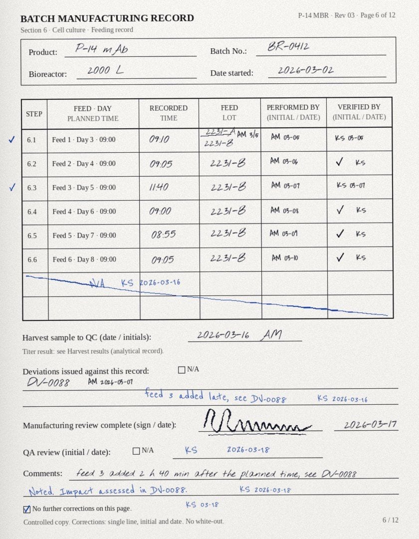 An illustrative batch manufacturing record page, filled in by hand: a feeding record table, a corrected lot number, a margin note and a signature