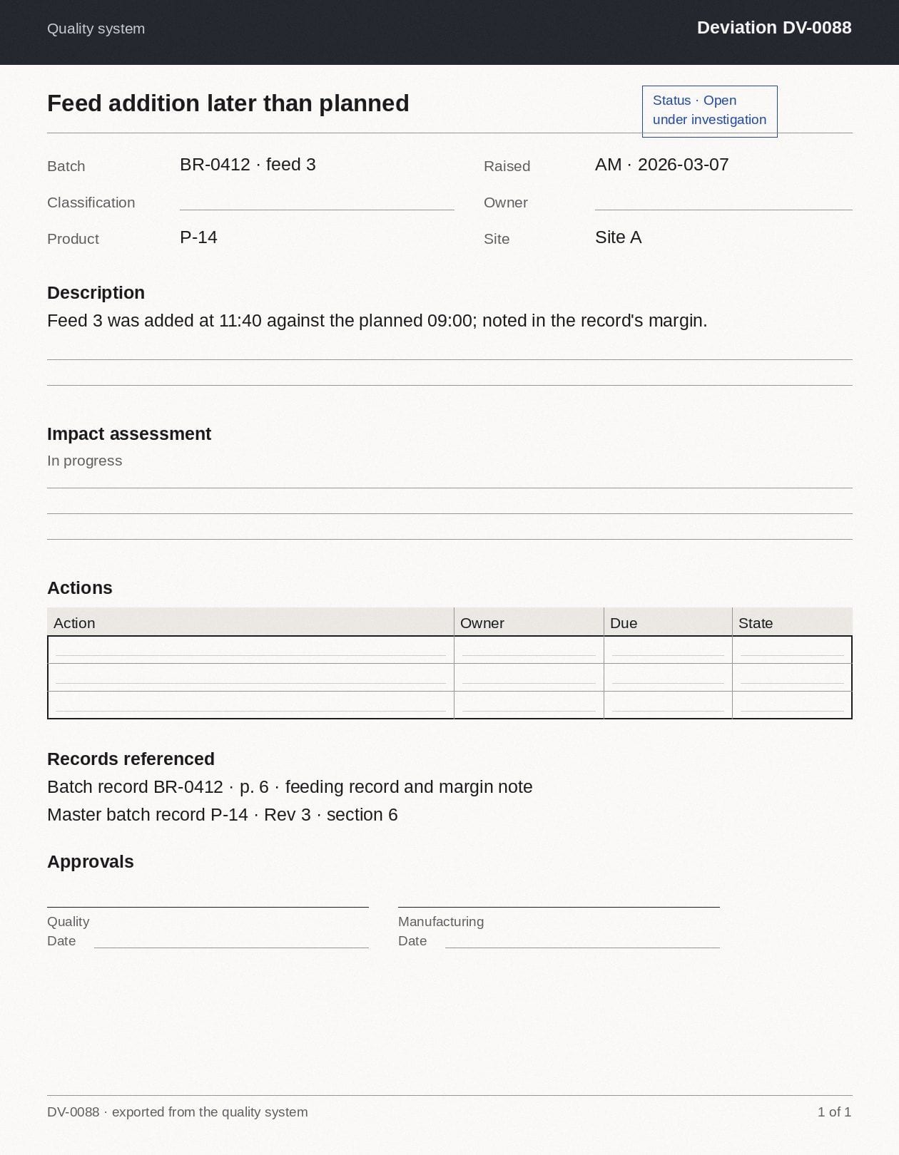 Deviation DV-0088 as the quality system exports it: the title and status, the fields, the description, the impact assessment and actions still open, the records referenced, the approvals to come