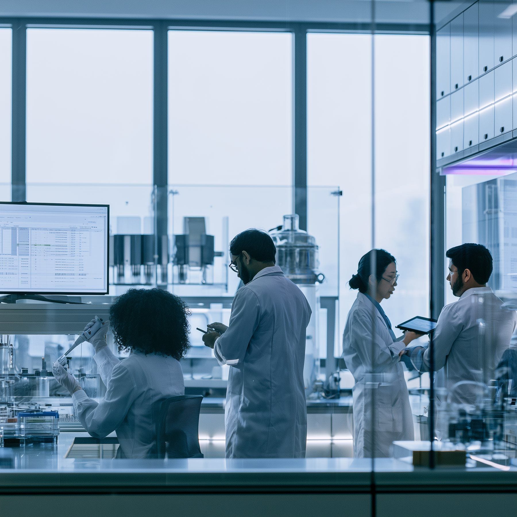 A modern laboratory behind glass: four scientists at work, one pipetting, one reading batch data on a screen, two reviewing a tablet by the window